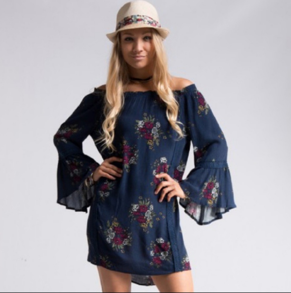 NAVY FLORAL OFF THE SHOULDER BELL SLEEVE DRESS